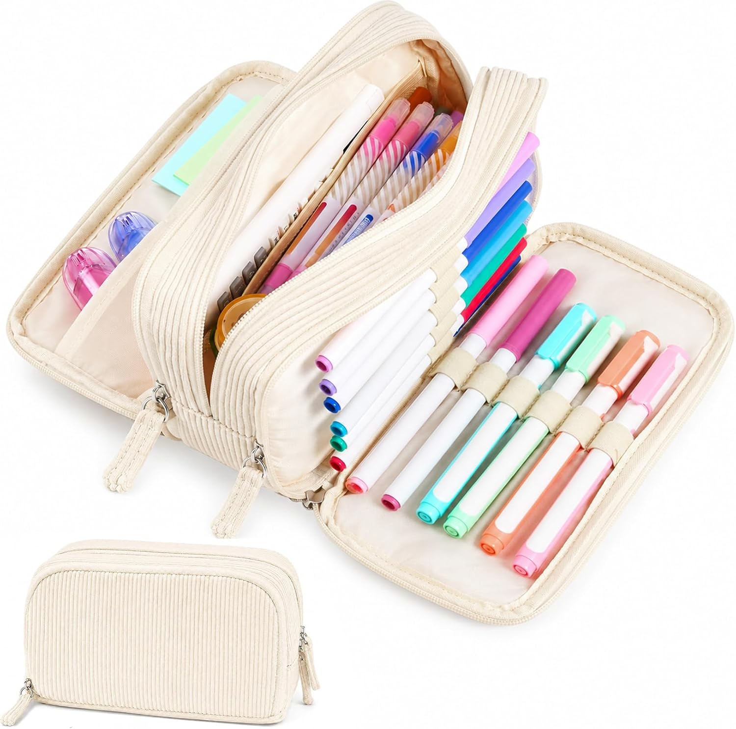 Sooez Big Capacity Pencil Case Pen Pouch. Soft Corduroy Pencil Bag with 3 Compartment. Multiple Pockets. Sturdy Zipper. Cute School Supplies Pen Bag Organizer For Teen Girls College. Beige