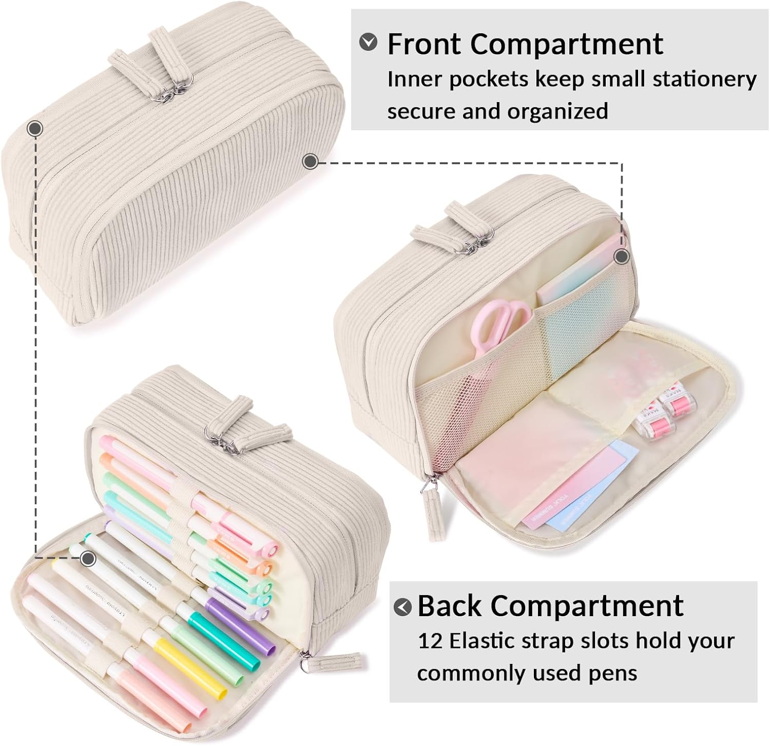Sooez Big Capacity Pencil Case Pen Pouch. Soft Corduroy Pencil Bag with 3 Compartment. Multiple Pockets. Sturdy Zipper. Cute School Supplies Pen Bag Organizer For Teen Girls College. Beige - Image 4