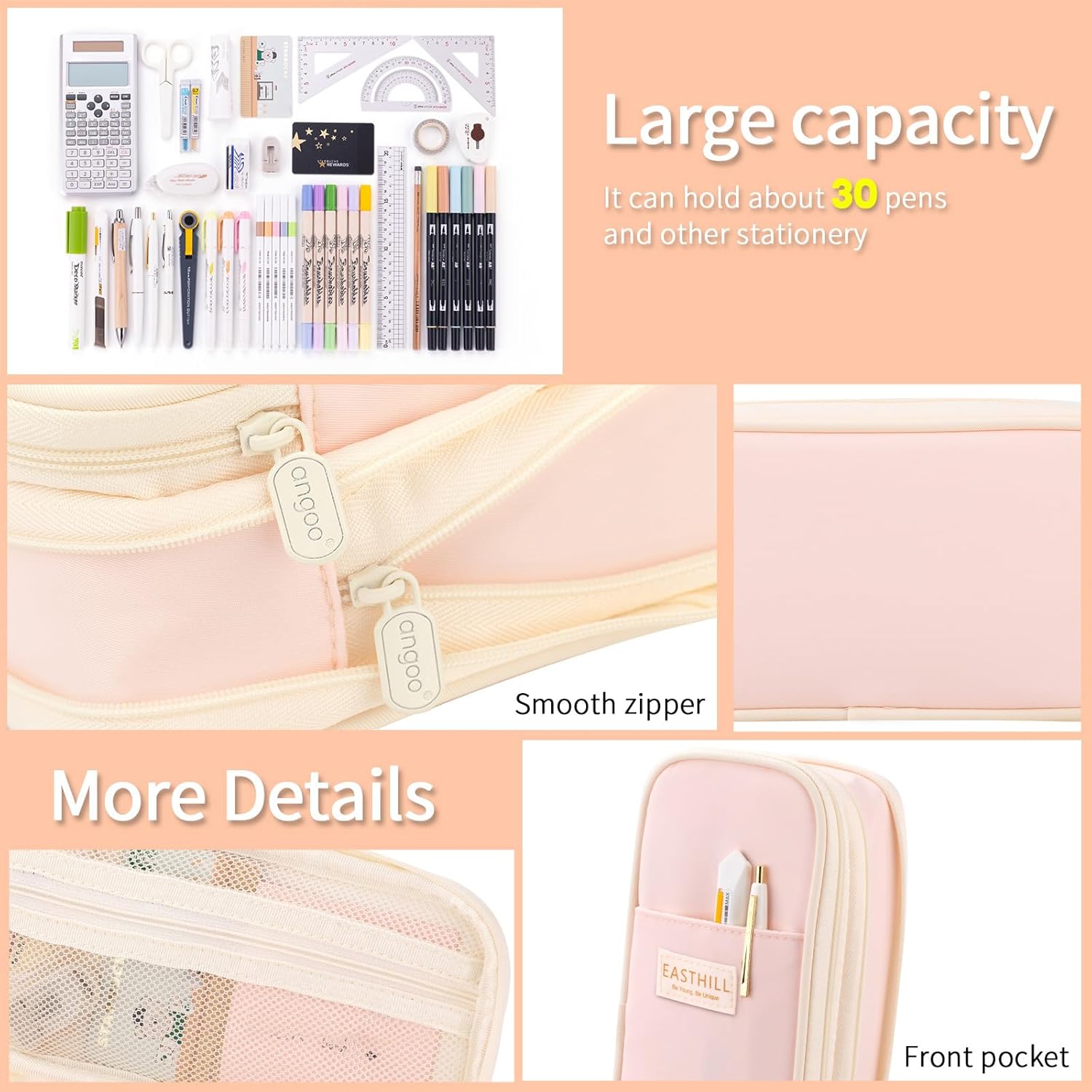 EASTHILL Big Capacity Pencil Case Large Pencil Pouch Stationery Pen Bag for Teen Girls-Pink - Image 5