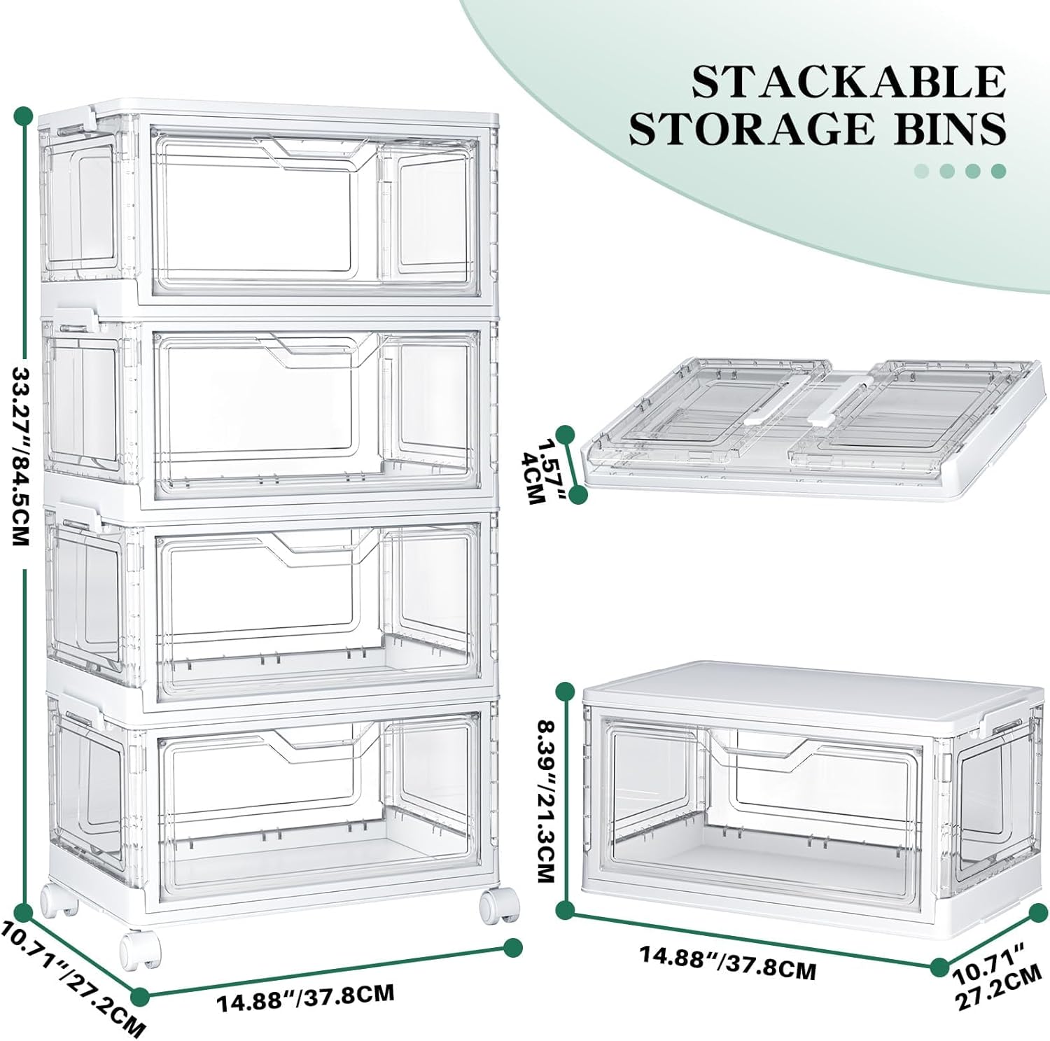 Kmiectse Clear Storage Bins with Lids - 4 Tier 23qt Plastic Stackable Bins | Closet Organizers Box for Bedroom. Living Room. 23 QT Folding Box with Magnetic door - Image 2