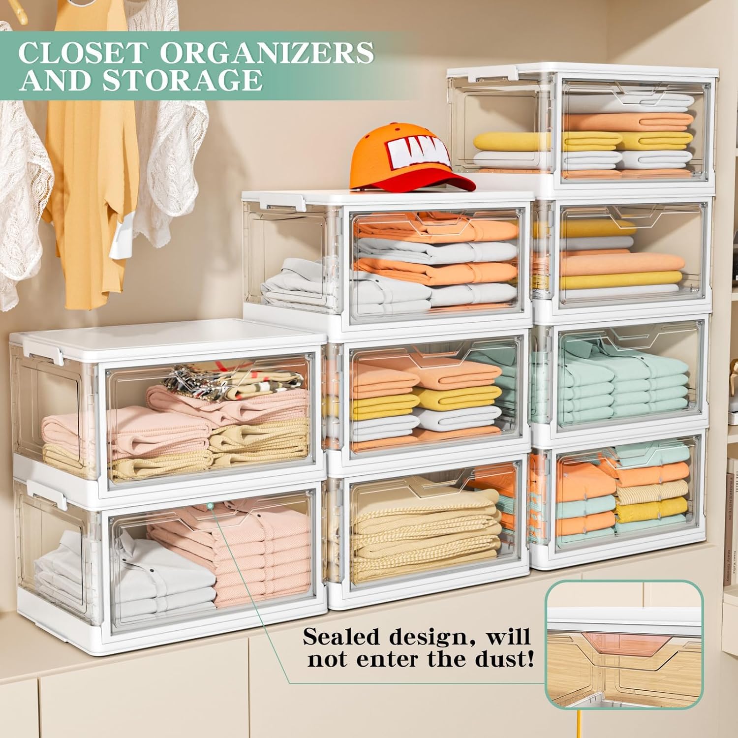 Kmiectse Clear Storage Bins with Lids - 4 Tier 23qt Plastic Stackable Bins | Closet Organizers Box for Bedroom. Living Room. 23 QT Folding Box with Magnetic door - Image 4