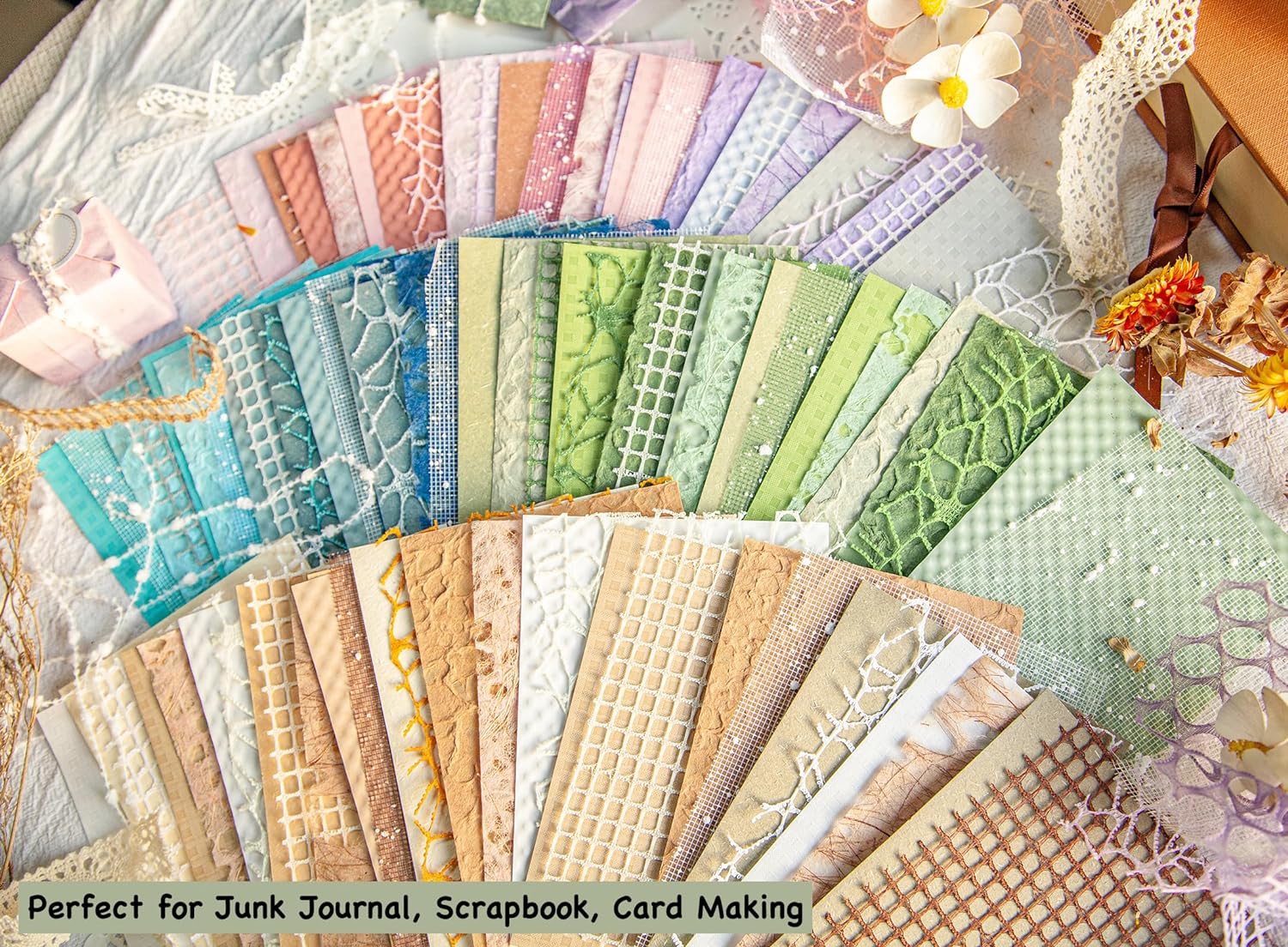 96 Sheets Textured Scrapbook Paper and Mesh Fabric Assorted Set - 6 Pack Mixed Special Paper for Scrapbooking Planner Bullet Junk Journal Supplies Mixed Media Collage Card Embellishments 3.9x5.5 Inch - Image 7